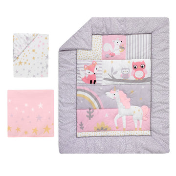 Juego de cama para cuna de 3 piezas de Unicornio arcoíris con zorro, ardilla y búhos, rosa / morado,