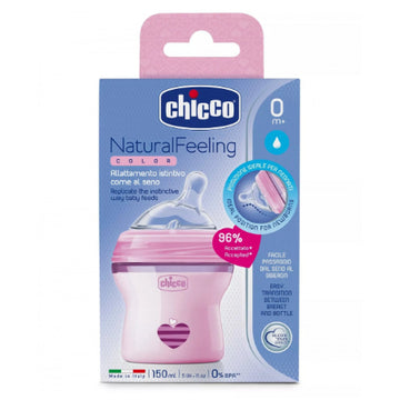 Chicco- Biberón 5.1 fl oz Natural Feeling 0M+ color Rosa