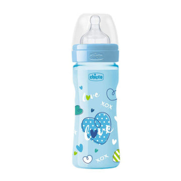 Chicco Wellbeing - Biberón con tetina de silicona y flujo medio para bebé de 2m+, 250 ml, color azul