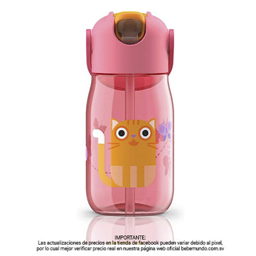 Botella de agua ligera gatito rosa de 14 oz con pajita