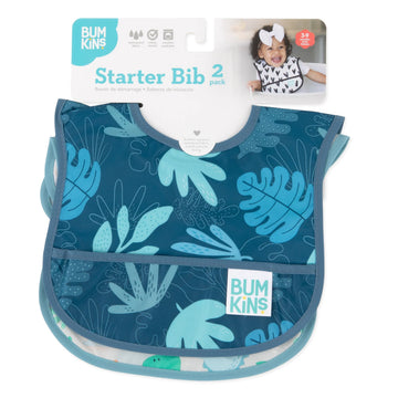 Bumkins - Pack de 2 baberos para principiantes: dinosaurios y trópico azul