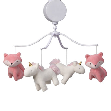 Móvil musical para cuna arcoíris unicornio y zorro blanco / coral