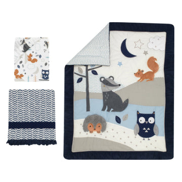 Juego de cama para cuna de bebé de 3 piezas, azul / gris, Woodland