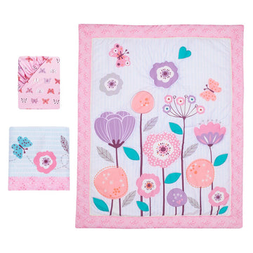 Magic Garden - Juego de cama para cuna floral de 3 piezas, rosa / blanco / lavanda
