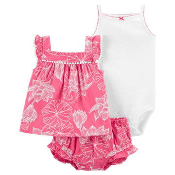Conjunto de Camisa con tirantes, short y Enterizo Floreado Rosa Niña 24M