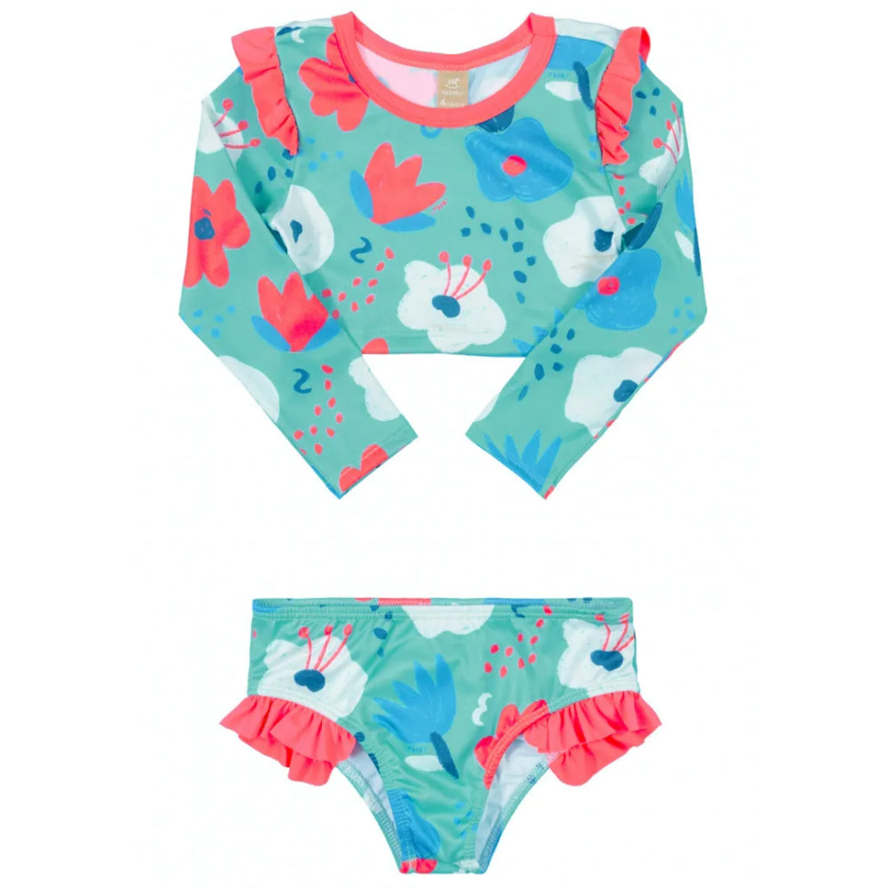 Up Baby - Bikini Infantil Cropped Flores Turquesa