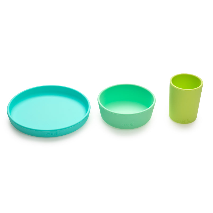 Melii - Juego de alimentación con plato de silicona | Verde