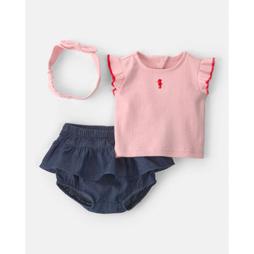 Carter´s - Conjunto de 3 piezas short con mameluco y cintillo para niña | 3m+