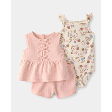 Carter´s - Conjunto de 3 piezas short mameluco y blusa para niña | 3m+