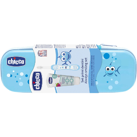 Chicco juego de limpieza de dientes 12+, cepillo, pasta, estuche, azul