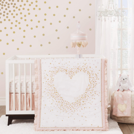 Juego de cama para cuna de bebé de 3 piezas Sweetheart Pink / Gold / White Confetti Hearts Nursery