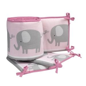 Bumper de cuna de bebé de 4 piezas Eloise Pink / Grey Elephant