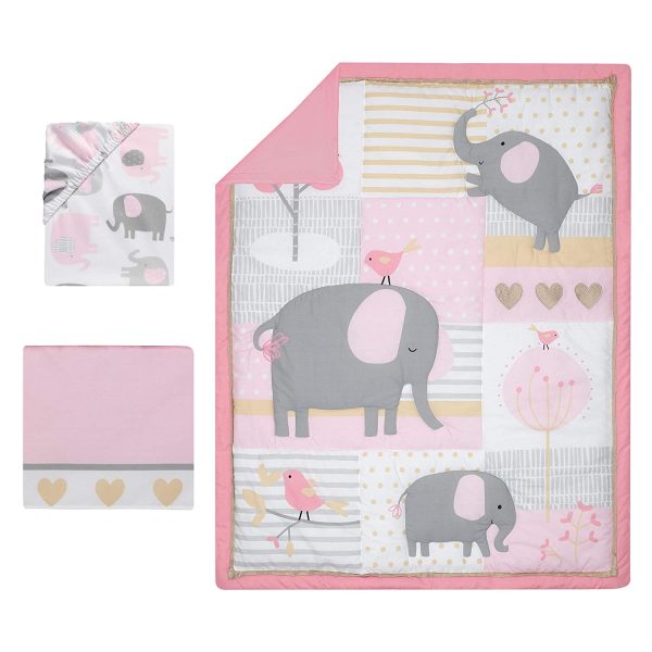 Juego de cama para cuna de 3 piezas con elefante rosa / gris / dorado / blanco