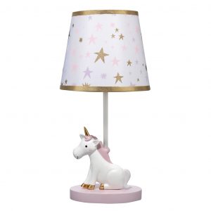 Lámpara de guardería Unicornio arcoíris con estrellas rosa / blanco / morado / dorado con pantalla y bombilla