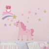 Adhesivo de pared de unicornio arcoíris con búho y estrellas de color rosa / dorado