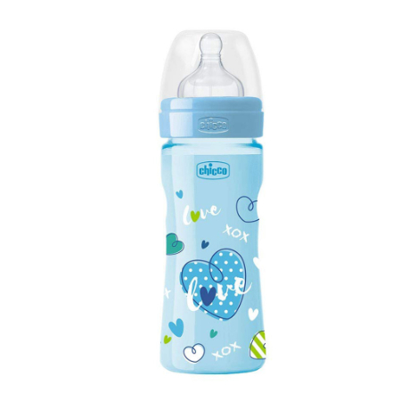 Chicco Wellbeing – Biberón con tetina de silicona y flujo medio para bebé de 2m+, 250 ml, color azul