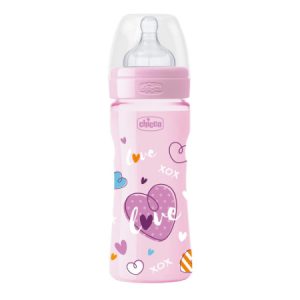 Chicco Wellbeing – Biberón con tetina de silicona y flujo medio para bebé de 2m+, 250 ml, color rosa
