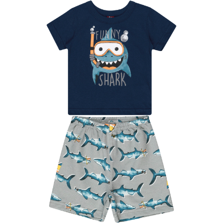 Camisa Manga Corta Azul Con Short de Tiburón Niño G