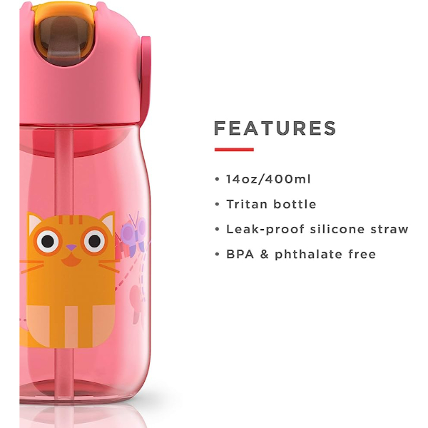 Botella de agua ligera gatito rosa de 14 oz con pajita